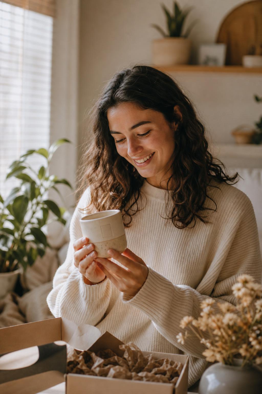 A young woman at home in soft afternoon light, smiling as she lifts a beautiful ceramic piece from a parcel.
